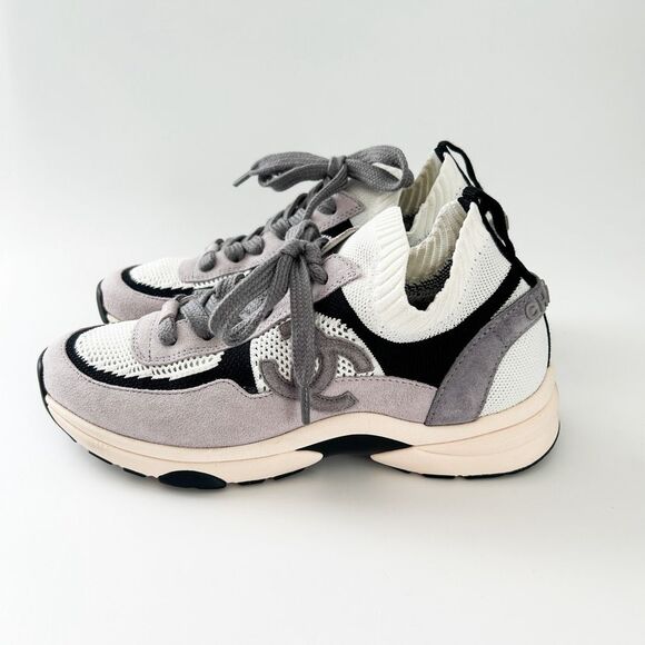Chanel CC Tennis Shoes Suede Knit Trainer Sneaker Eu 38 US 7-7.5 - Picture 5 of 12